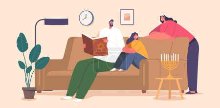 Illustration for Jewish Family Characters Dad, Mom and Daughter Gathered Together, Immersed In The Sacred Act Of Reading The Torah, Connecting With Their Heritage And Embracing The Wisdom And Teachings It Holds - Royalty Free Image