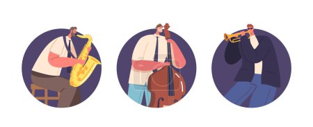 Téléchargez les illustrations : Icône ronde isolée ou Avatars avec des personnages de groupes de jazz se produisant sur scène avec saxophone, contrebasse et trompette, captivant le public avec des mélodies rythmiques. Illustration vectorielle des personnages de bande dessinée - en licence libre de droit