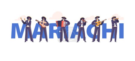 Téléchargez les illustrations : Les musiciens mariachis qui jouent de la musique traditionnelle mexicaine avec des costumes vibrants, des rythmes animés et des mélodies émouvantes célèbrent le riche patrimoine culturel du Mexique. Affiche vectorielle de bande dessinée, bannière ou dépliant - en licence libre de droit