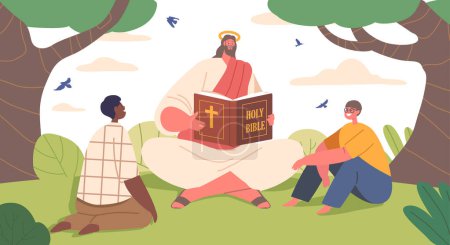 Illustration for Jesus Character Spreading Wisdom And Love, Reading The Bible To Children On A Sunlit Summer Field, Fostering Spiritual Growth And Creating A Memorable Experience. Cartoon People Vector Illustration - Royalty Free Image