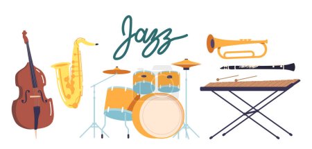 Illustration for Set Of Musical Jazz Instruments Saxophone, Trumpet, Double Bass, Drum Kit, Xylophone And Clarinet, Isolated Items for Musicians on White Background. Cartoon Vector Illustration - Royalty Free Image