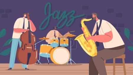 Illustration for Jazz Band on Stage Performing Music Concert. Artists Characters on Scene with Musical Instruments Drums, Saxophone and Contrabass Create Soulful Melodies on Stage. Cartoon People Vector Illustration - Royalty Free Image