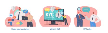 Illustration for Kyc Themed Isolated Elements with Characters Perform Know Your Customer Process Implemented By Businesses To Verify And Authenticate The Identity Of Their Clients. Cartoon People Vector Illustration - Royalty Free Image