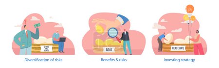 Illustration for Isolated Vector Elements with Business Characters Perform Risk Diversification Theme, Strategy That Involves Spreading Investments Across Different Assets To Reduce The Impact Of Potential Losses - Royalty Free Image