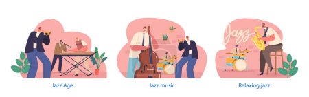 Téléchargez les illustrations : Isolated Elements with Jazz Band Characters Performing Live On Stage, With Rhythmic Melodies, And Music on Saxophone, Contrabass, Clarinet, Trumpet and Xylophone. Illustration vectorielle des personnages de bande dessinée - en licence libre de droit