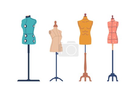 Illustration for Sewing Mannequins, Adjustable Dress Forms Used By Seamstresses And Fashion Designers To Create And Tailor Garments, Providing A Realistic Representation Of The Human Body. Cartoon Vector Illustration - Royalty Free Image
