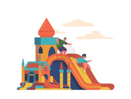 Illustration for Kids Boys Characters Having A Blast On An Inflatable Attraction, Bouncing And Sliding With Joy. A Colorful And Fun-filled Experience For Children Of All Ages. Cartoon People Vector Illustration - Royalty Free Image