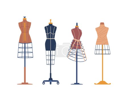 Photo for Vintage Sewing Mannequins, Essential Tool For Dressmakers And Fashion Designers, Provide Representation Of Human Form To Aid In Garment Creation, Fitting, And Draping. Cartoon Vector Illustration - Royalty Free Image