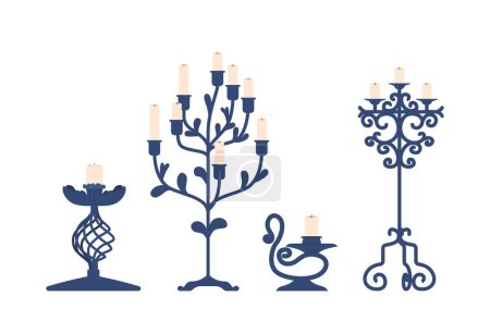 Illustration for Graceful, Refined, Elegant Candleholders With Sleek Design And Impeccable Craftsmanship, Add A Touch Of Sophistication And Create A Warm Ambiance For Any Occasion. Cartoon Vector Illustration - Royalty Free Image