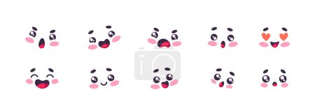 Illustration for Set Of Kawaii Expressive Emoji, Adorable Emotion To Digital Conversations. Cute Lovely Emojis Capture A Range Of Feelings, Smile, Wow, Surprised, Laugh and Loving Faces. Cartoon Vector Illustration - Royalty Free Image