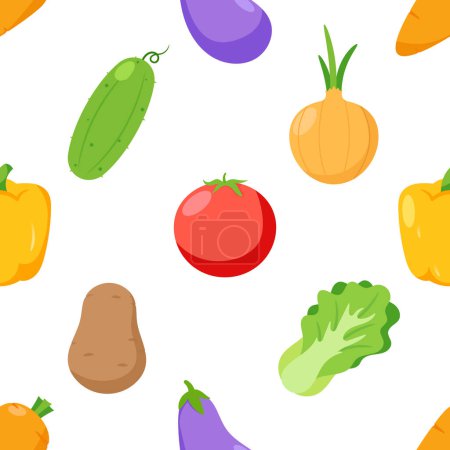 Illustration for Vibrant And Delightful Seamless Pattern Featuring A Variety Of Fresh And Colorful Vegetables. Cucumber, Eggplant, Onion, Tomato, Bell Pepper and Lettuce Fresh Veggies. Cartoon Vector Illustration - Royalty Free Image