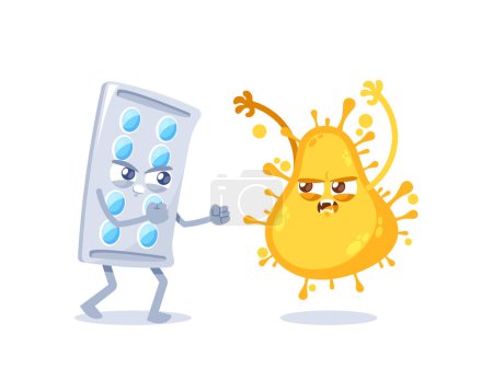 Illustration for Medicine Blister Fights Virus. Powerful Protection Against Viral Infections, Offering Relief And Defense With Targeted Medications For A Healthier Immune System. Cartoon Vector Illustration - Royalty Free Image