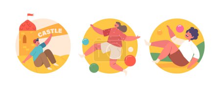 Téléchargez les illustrations : Icônes rondes isolées ou Avatars avec des enfants joyeux jouant sur une attraction gonflable colorée, rebondissant, glissant, et riant, créant des aventures sans soucis. Illustration vectorielle des personnages de bande dessinée - en licence libre de droit