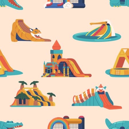 Illustration for Vibrant And Playful Seamless Pattern Features A Variety Of Inflatable Rides, Creating A Lively And Fun-filled Design For Amusement Park Enthusiasts And Childrens Products. Cartoon Vector Illustration - Royalty Free Image