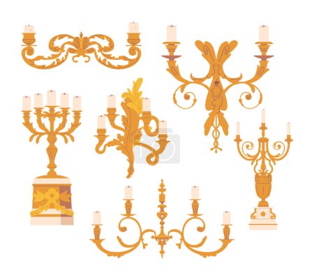Illustration for Vintage Golden Candleholders with Exquisite Design And Shimmering Finish Make Them A Perfect Centerpiece Or Decorative Accent For Special Occasions Or Everyday Elegance. Cartoon Vector Illustration - Royalty Free Image