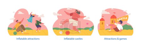 Illustration for Isolated Elements with Children Joyfully Playing On A Vibrant And Exciting Inflatable Attraction, Filled With Laughter, Smiles, And Endless Energy. Cartoon People Vector Illustration, Icons - Royalty Free Image