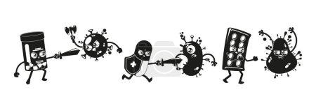 Illustration for Black and White Medicine Characters Combat Viral Infections, Inhibiting The Replication And Spread Of Viruses Within The Body, Helping To Alleviate Symptoms And Promote Recovery. Vector Illustration - Royalty Free Image
