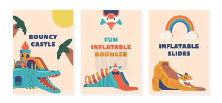 Illustration for Vibrant Banners Showcasing Exciting Inflatable Rides. Colorful Graphics And Captivating Designs Highlighting Thrilling Attractions That Promise Endless Fun And Adventure. Cartoon Vector Illustration - Royalty Free Image