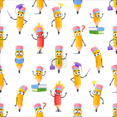 Illustration for Playful Seamless Pattern Featuring Adorable Pencil Characters In Various Poses And Expressions, Perfect For Stationery, Textile, Wallpaper or School Crafts, And Designs. Cartoon Vector Illustration - Royalty Free Image