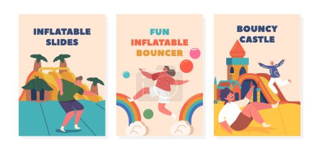Ilustración de Banners vibrantes que muestran a los niños disfrutando alegremente de paseos inflables, creando una atmósfera de emoción y diversión. Perfecto para fiestas, eventos y parques de atracciones. Ilustración de vectores de dibujos animados - Imagen libre de derechos