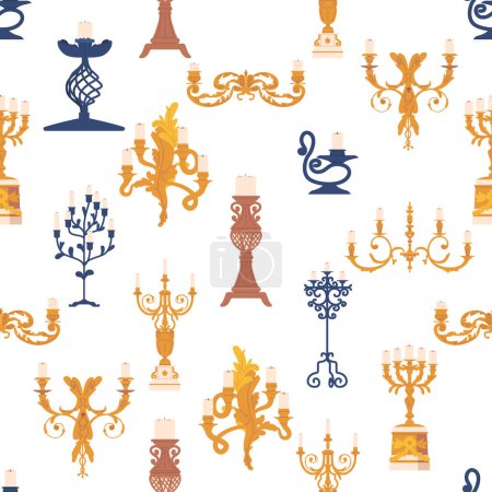 Illustration for Seamless Pattern With Elegant Candleholders In Various Shapes And Sizes, Creating A Harmonious And Captivating Design Suitable For Wallpaper, Textile or Wrapping Paper. Cartoon Vector Illustration - Royalty Free Image