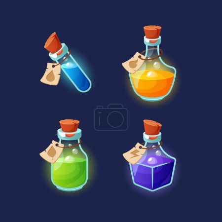 Illustration for Magic Potion Bottles, Adorned With Captivating Colorful Liquids, Bring A Touch Of Mystique And Wonder, Perfect For Spellcasting, Games, Gui And Imaginative Adventures. Cartoon Vector Illustration - Royalty Free Image