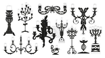 Illustration for Set of Isolated Black Icons Of Elegant Candleholders, Featuring Sleek Designs And Varying Shapes, Perfect For Adding A Touch Of Sophistication And Warmth To Any Space. Vector Illustration, Clipart - Royalty Free Image