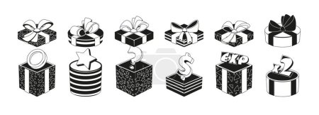 Ilustración de Conjunto de cajas de regalo abiertas con activos y sorpresas Iconos negros aislados. Paquetes decorados con arcos y monedas, estrella, signo de interrogación, dólar y experiencia de juego en el interior. Ilustración de vectores de dibujos animados - Imagen libre de derechos