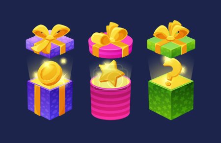 Gift Boxes With Different Assets And Magic Light Inside. Open Crates With Golden Money Coin, Star and Question Sign, Surprise For Game, Gui or Ui Design Elements. Cartoon Vector Illustration