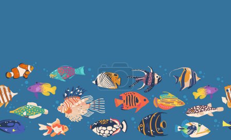 Illustration for Vibrant Seamless Pattern Featuring Variety Of Colorful Sea Fishes Swimming Gracefully, Creating A Captivating And Lively Underwater Scene. Cartoon Marine Life Repeated Background. Vector Illustration - Royalty Free Image