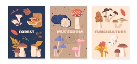 Illustration for Banners with Enchanting World Of Fungi Nature, Showcase An Array Of Captivating Forest Mushrooms Found In The Forest, Bringing The Beauty Of The Woodland To Life. Cartoon Vector Illustration, Covers - Royalty Free Image