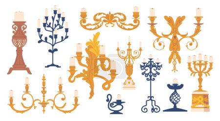Illustration for Elegant Vintage Candleholders With Intricate Designs, Crafted From Forged Metal. Perfect For Adding A Touch Of Old-world Charm And Creating A Warm, Cozy Atmosphere. Cartoon Vector Illustration - Royalty Free Image