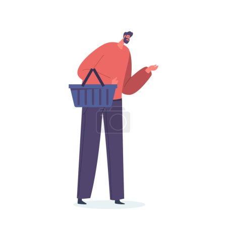 Illustration for Man Character With A Supermarket Basket In Hand, Carefully Selecting Items As He Navigates Through The Aisles, Making Thoughtful Choices For His Shopping Needs. Cartoon People Vector Illustration - Royalty Free Image