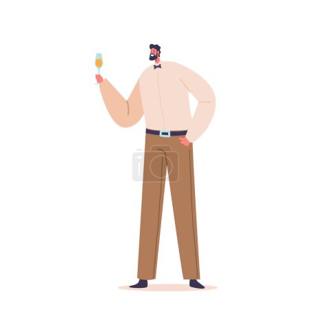 Debonair Man Charakter hält Weinglas, nippt an weißem Nektar oder Champagner, sieht süß und entspannt auf Party-Feier isoliert auf weißem Hintergrund. Cartoon People Vektor Illustration