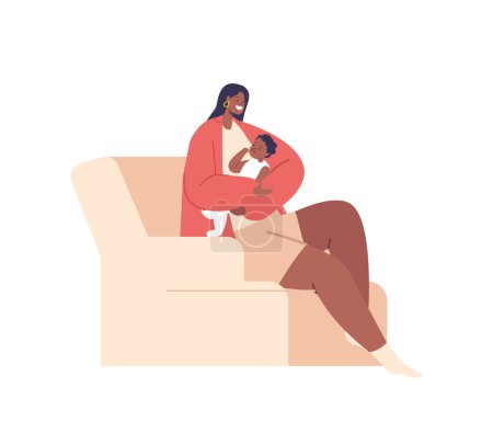 Ilustración de Orgullosa mujer negra acurrucando a su precioso recién nacido mientras está sentada en un cómodo sillón, exudando calidez, amor y tranquilidad en un tierno momento de maternidad. Dibujos animados Gente Vector Ilustración - Imagen libre de derechos