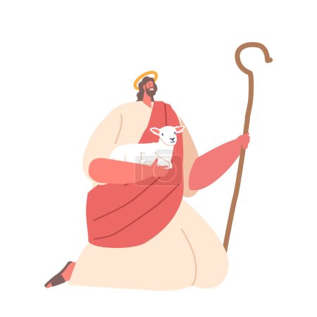 Mächtiges Bild des Charakters Jesus als Hirte, der Schafe und Mitarbeiter zärtlich in seinen Händen hält und seine liebevolle Fürsorge und Führung für seine Nachfolger symbolisiert. Zeichentrickvektorillustration