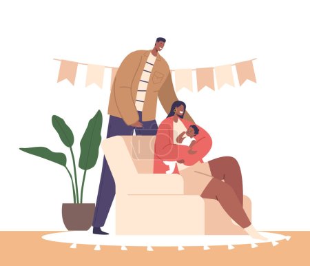 Illustrazione per Gioioso nero coppia personaggi abbracciare il loro neonato, irradiando amore e felicità. I loro sorrisi riflettono l'immensa gioia e l'orgoglio di diventare genitori. Illustrazione del vettore della gente del fumetto - Immagini Royalty Free
