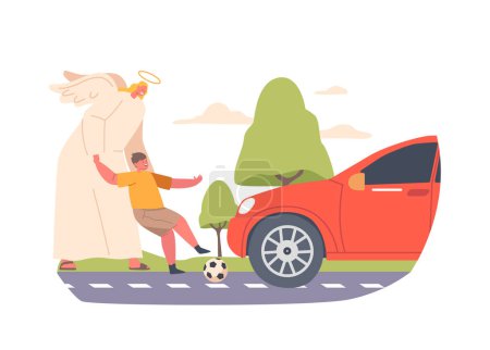 Illustration for Angelic Guardian Character Intervenes In A Car Accident On The Road, Protecting Child Holding A Ball From Harm And Guiding Them Away From Danger With A Warm And Comforting Embrace. Vector Illustration - Royalty Free Image