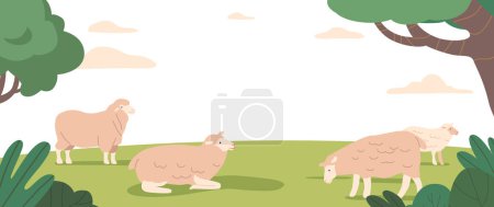 Téléchargez les illustrations : Vaste paysage naturel estival de champ parsemé de moutons pelucheux pâturant paisiblement, créant une scène sereine et pittoresque qui embrasse la tranquillité de la vie rurale. Illustration vectorielle de bande dessinée - en licence libre de droit