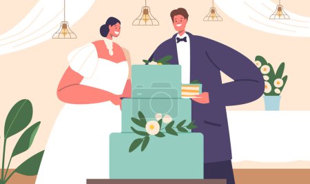 Illustration for Newlywed Characters Cutting Cake Together, Symbolizing Their Union And Sharing A Sweet Moment As They Embark On Their Journey Of Love And Togetherness. Cartoon People Vector Illustration - Royalty Free Image