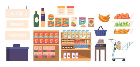 Illustration for Set Of Supermarket Interior Items, Including Shelving Units, Shopping Carts, Cash Register, Product Display, And Checkout Counter, Providing A Complete Shopping Experience. Cartoon Vector Illustration - Royalty Free Image