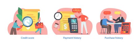 Illustration for Characters Perform Payment History, Record Of Past Financial Transactions Involving Payments Made By People Or Organization, Showcasing Consistency And Reliability In Meeting Financial Obligations - Royalty Free Image