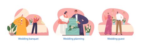 Illustration for Isolated Elements with Bride And Groom Lovingly Cut Their Wedding Cake, Symbolizing Their Unity And Shared Bond, Joyful Guests Having Fun on Banquet. Cartoon People Vector Illustration - Royalty Free Image