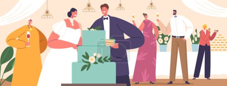 Illustration for Amidst Cheers And Applause, The Bride And Groom Lovingly Cut Their Wedding Cake, Symbolizing Their Unity And Shared Bond, As They Begin Their Journey Together. Cartoon People Vector Illustration - Royalty Free Image