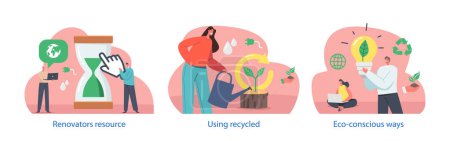 Illustration for Characters Use Eco-conscious Ways in Business Refer To Practices That Prioritize Environmental Sustainability, Such As Recycling, Reducing Waste, Conserving Energy. Cartoon People Vector Illustration - Royalty Free Image