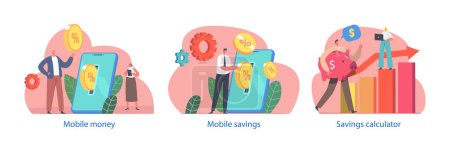 Illustration for Characters Use Mobile Savings Apps. Convenient And Accessible Way To Save Money Using Smartphone. It Allows To Easily Track Expenses, Set Savings Goals, And Make Automatic Transfers To Grow Savings - Royalty Free Image