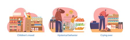 Isolated Elements with Flustered Children Characters Throwing Tantrums In The Supermarket, Shrieking And Crying Loudly, Making A Scene And Causing Chaos Around Them. Cartoon People Vector Illustration