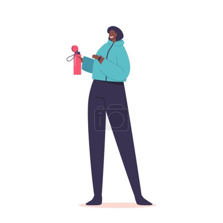 Illustration for Woman Hydrates From A Water Bottle, Female Character Glancing At Her Wristwatch, Managing Time And Staying Refreshed With A Simple Yet Essential Act. Cartoon People Vector Illustration - Royalty Free Image