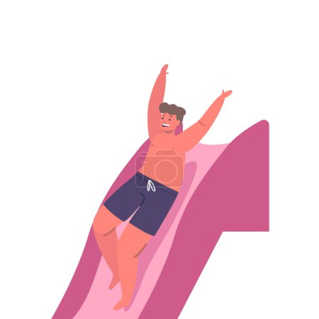 Illustration for Child Boy Character Joyfully Sliding Down A Water Slide Into A Pool, Experiencing The Thrill Of The Water Rushing Beneath Them Creating Moments Of Pure Exhilaration. Cartoon People Vector Illustration - Royalty Free Image
