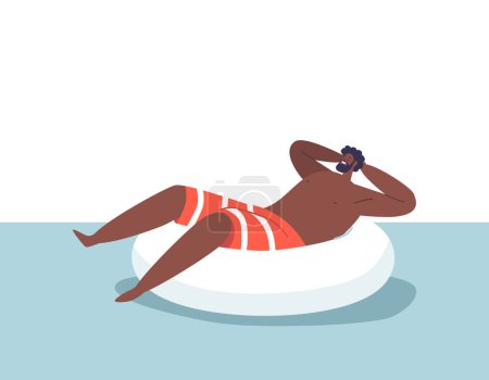 Illustration for African American Man Character Enjoys Swimming In A Pool Using An Inflatable Ring, Providing Relaxation And Buoyancy While Gliding Through The Water. Cartoon People Vector Illustration - Royalty Free Image